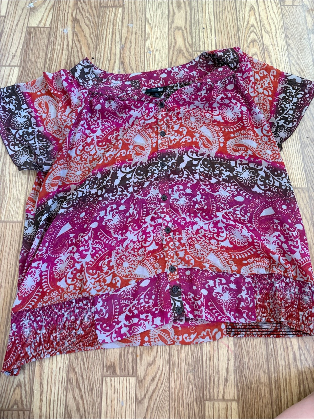 East 5th Pink and Orange Paisley Short-Sleeve Button Top